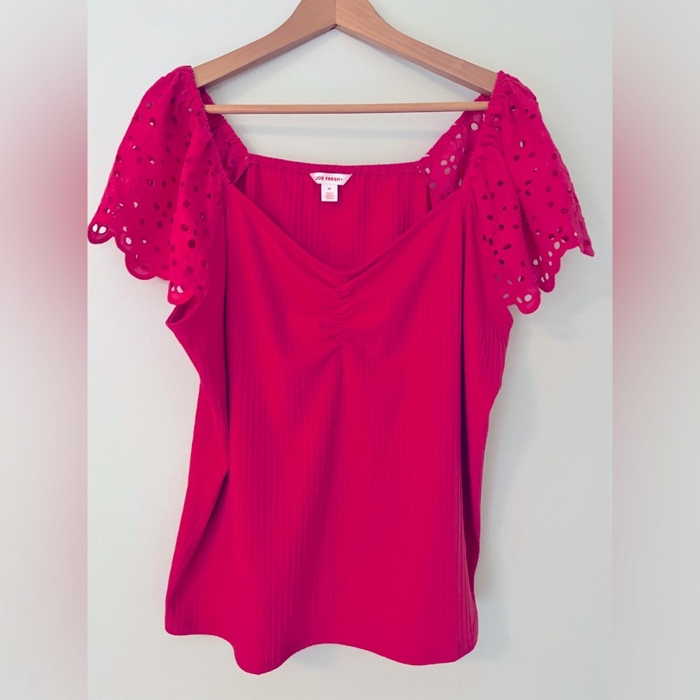 Joe Fresh Ribbed Pink Top with Embroidered Eyelet Cotton Sleeves, size 2X